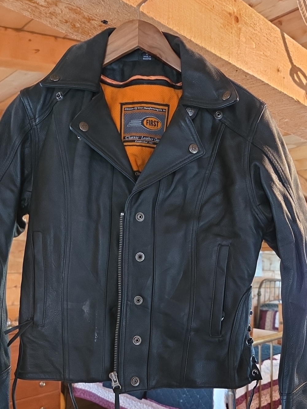 First Classics Black Leather Bomber Jacket with Orange Thinsulate Lining